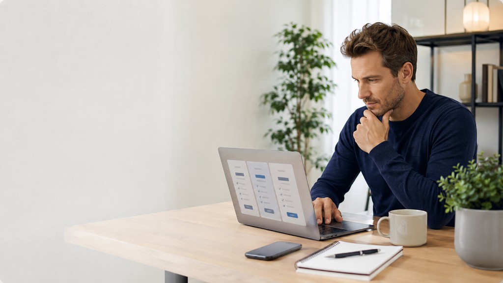 Ondernemer vergelijkt websitepakketten en prijzen op een laptop